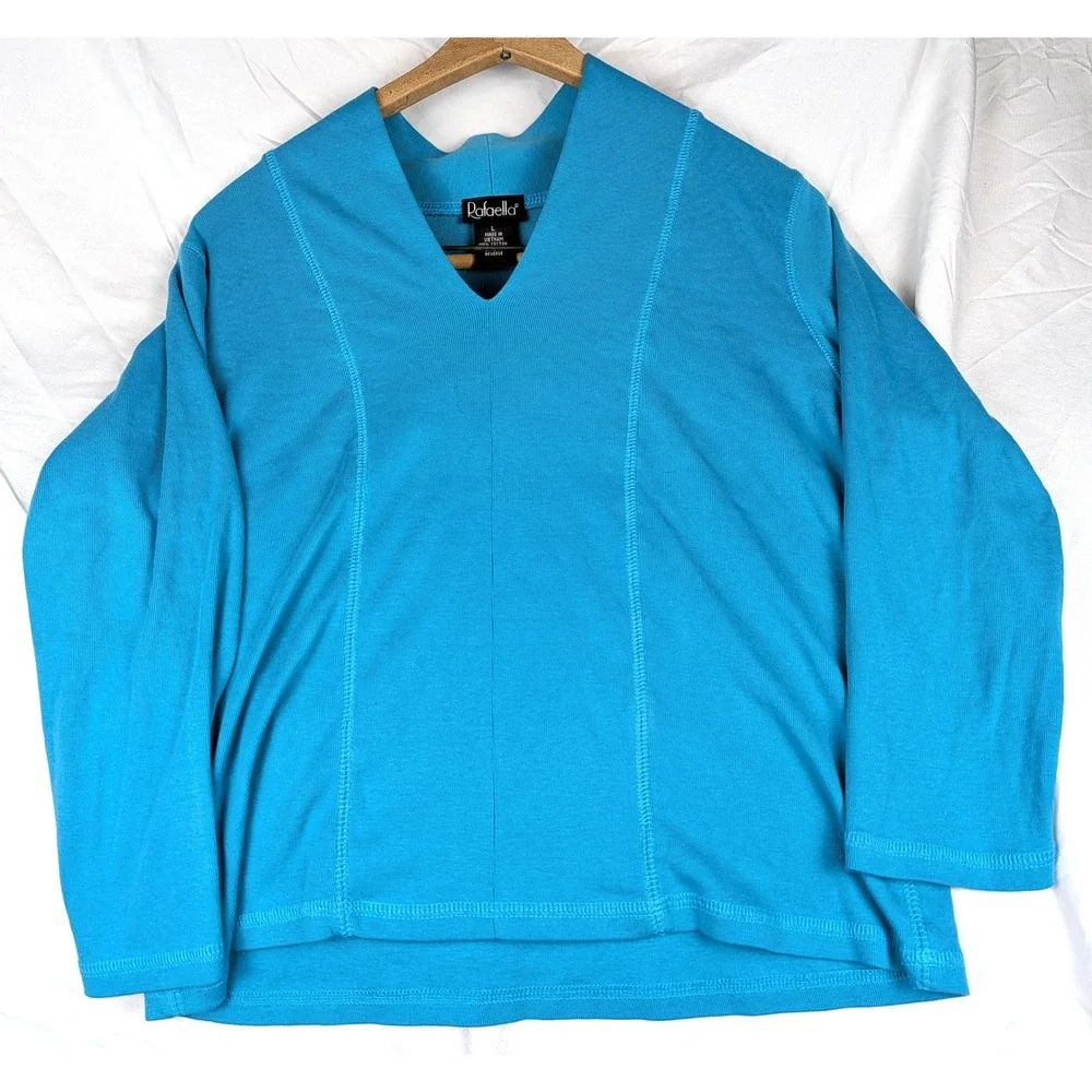 Rafaella Womens Large Turquoise Blue V-Neck Long Sleeve Ribbed Cotton Top